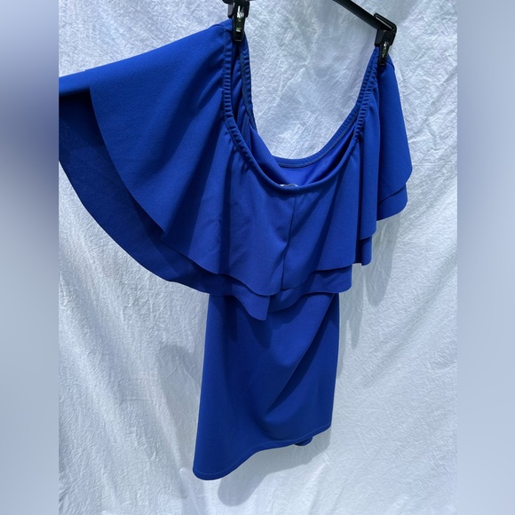 Blue maternity mini dress off shoulder ruffle XL - Picture 2 of 4